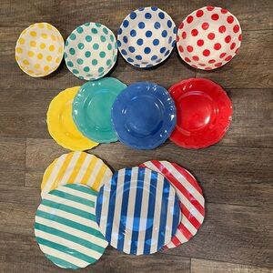 12-Piece Unbreakable Melamine Dinnerware Set, Dots and Stripes